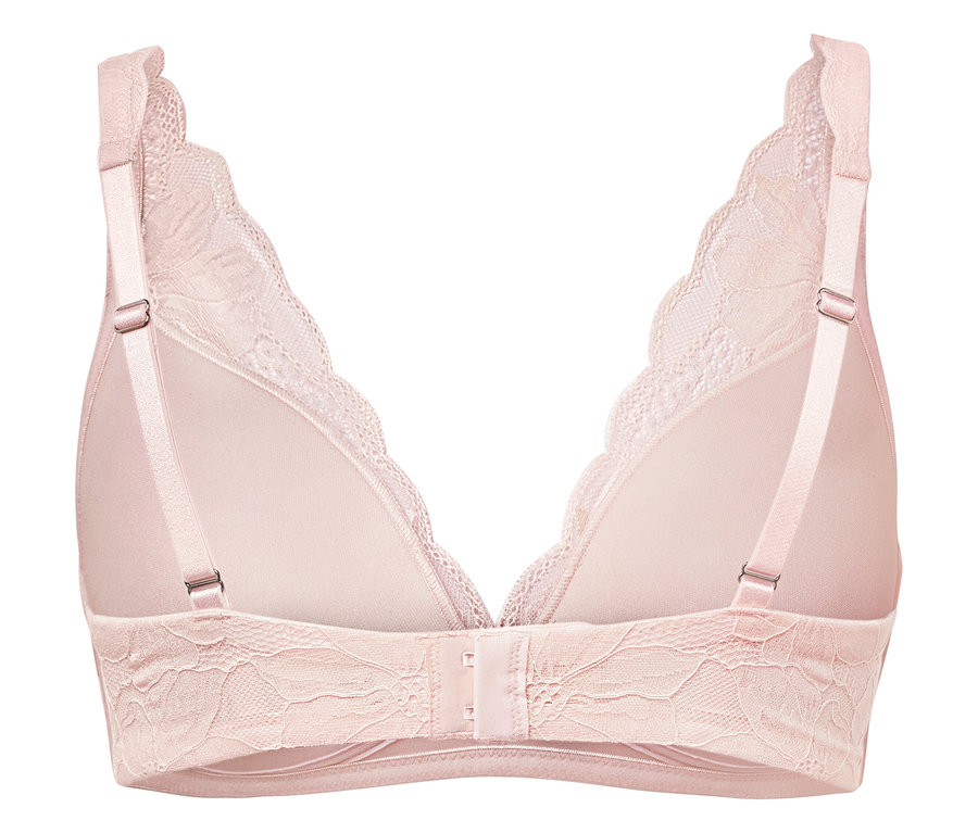 Détail d'un soutien-gorge en dentelle rose vu de dos.