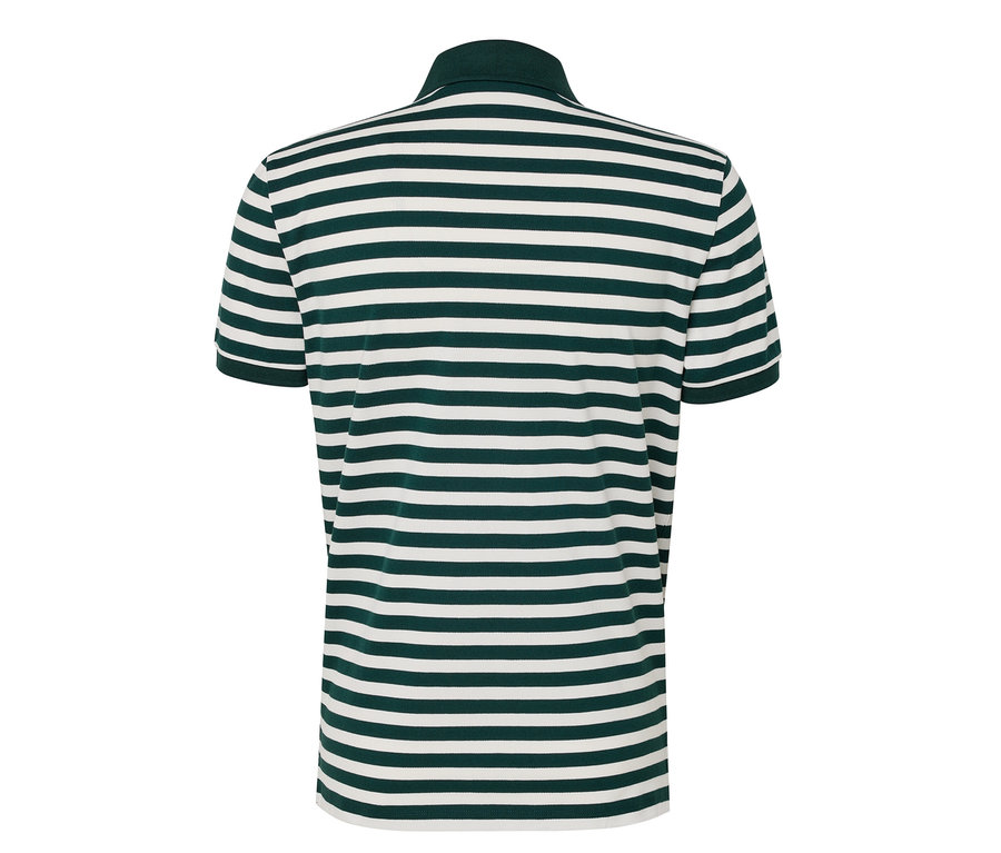Vue arrière d'un polo en tissu piqué à rayures horizontales vertes et blanches.