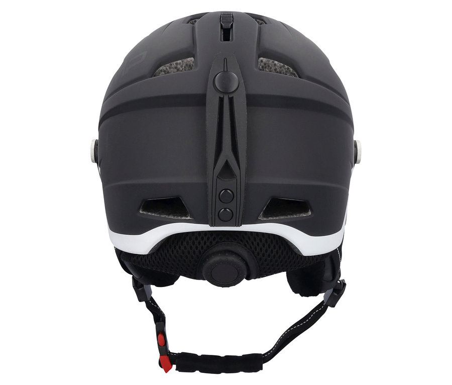 Vue arrière d'un casque noir mat avec bordure blanche et sangle noire.