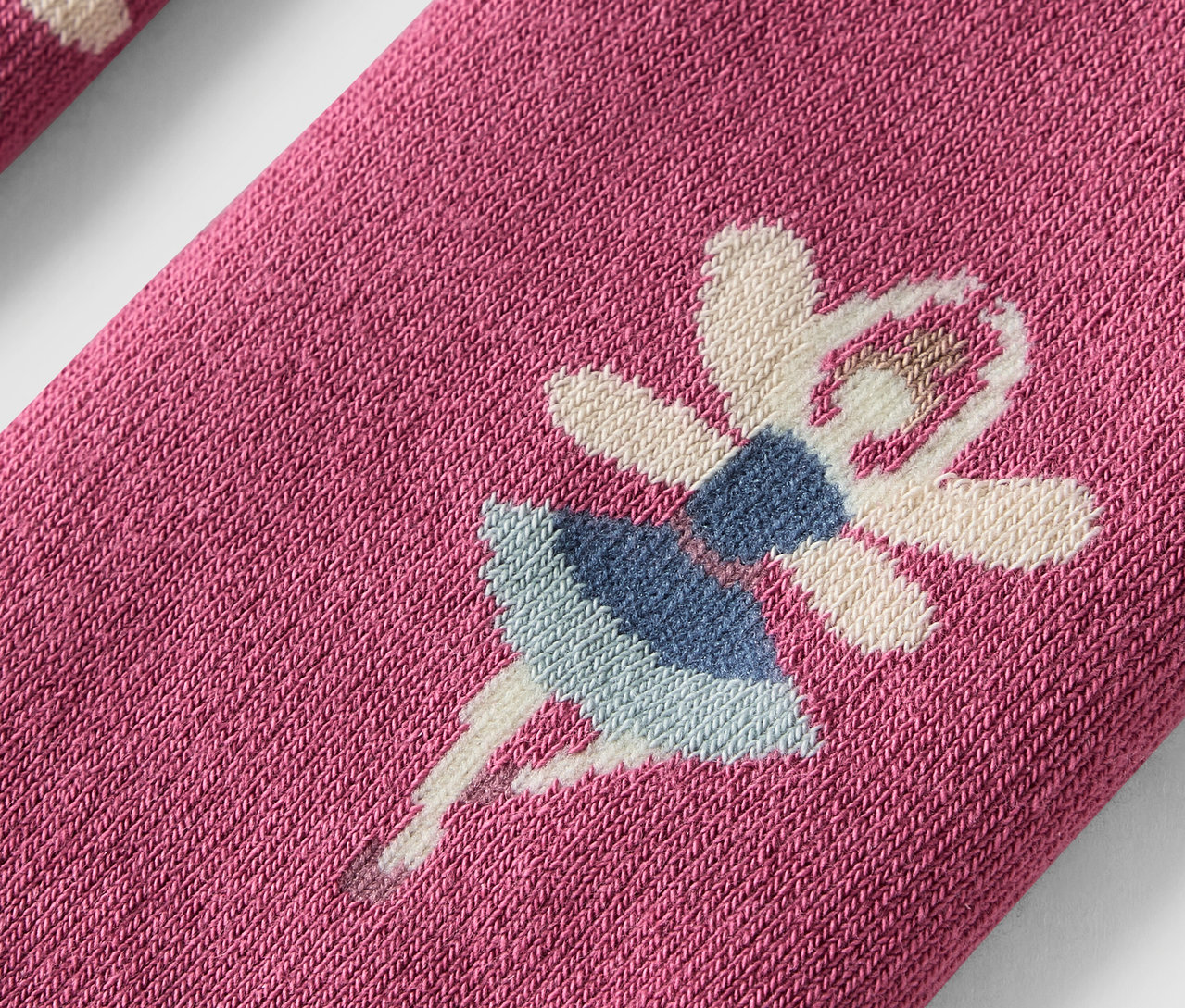 Détail d'une chaussette rose avec une ballerine en robe bleue et ailes blanches.