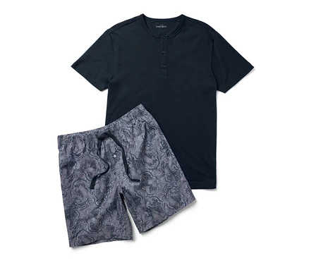 Ensemble pyjama court bleu marine avec pantalon tissé à motif cachemire.