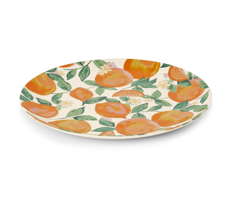 Plat de service ovale avec un motif d'oranges et de feuilles.