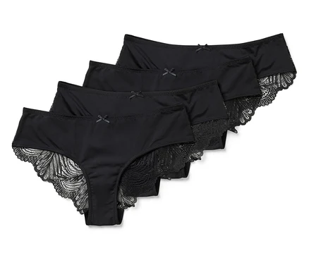Quatre slips brésiliens noirs avec de la dentelle et de petits nœuds, disposés en diagonale.