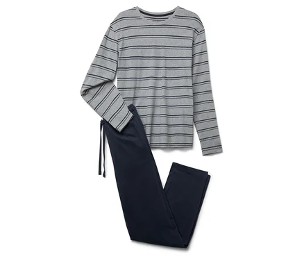 Pyjama gris rayé à manches longues et pantalon de pyjama bleu marine avec cordon de serrage.