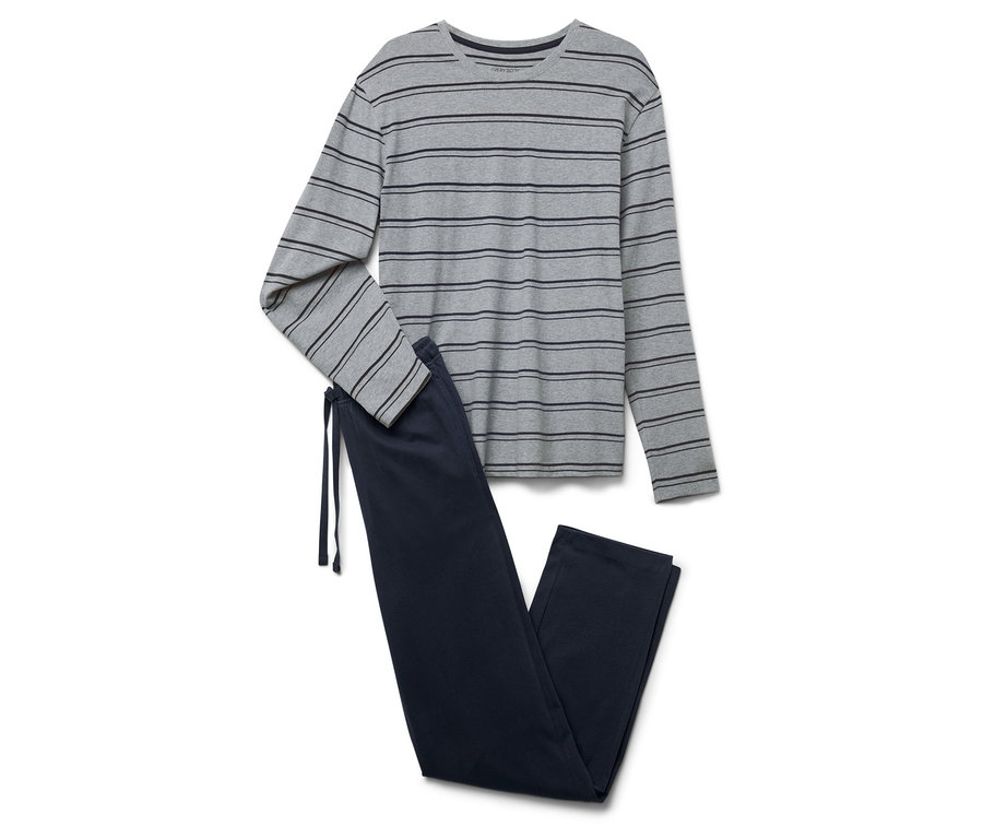 Pyjama gris rayé à manches longues et pantalon de pyjama bleu marine avec cordon de serrage.