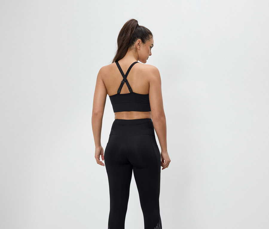 Vue arrière d'une femme portant des vêtements de sport noirs, comprenant un soutien-gorge de sport et des leggings.