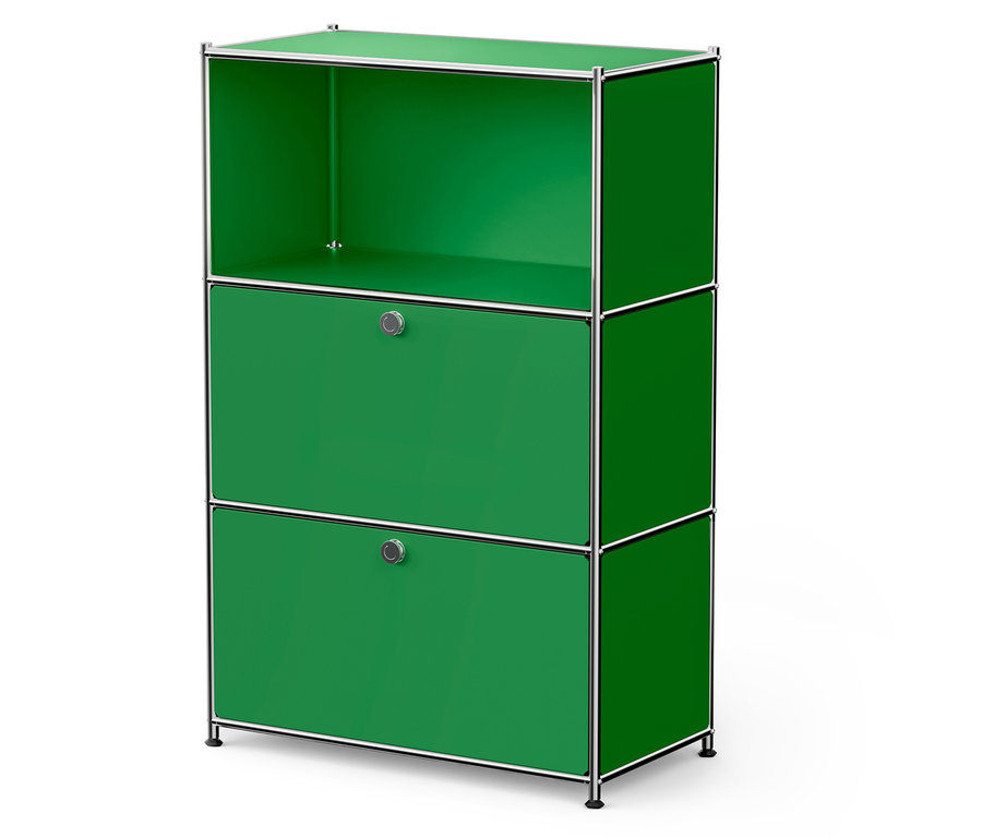 Armoire modulaire verte avec deux tiroirs et une étagère supérieure ouverte.
