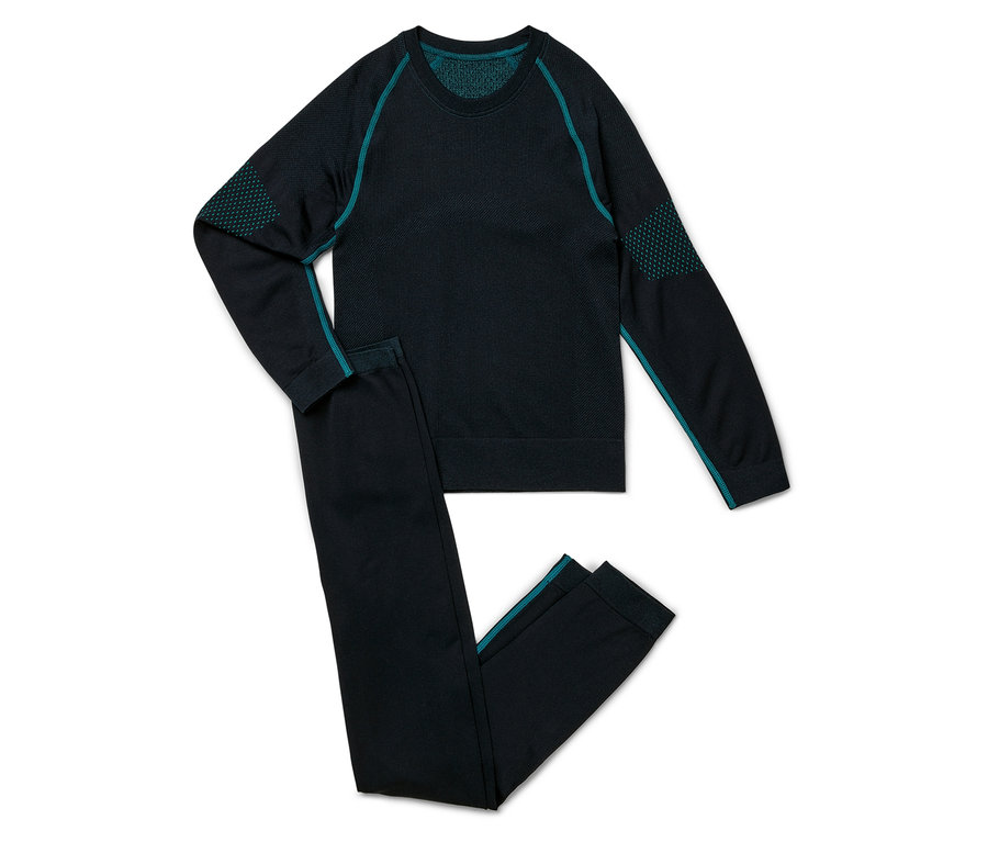 Ensemble thermique noir composé d'un haut à manches longues et d'un pantalon avec des détails turquoise sur fond blanc.