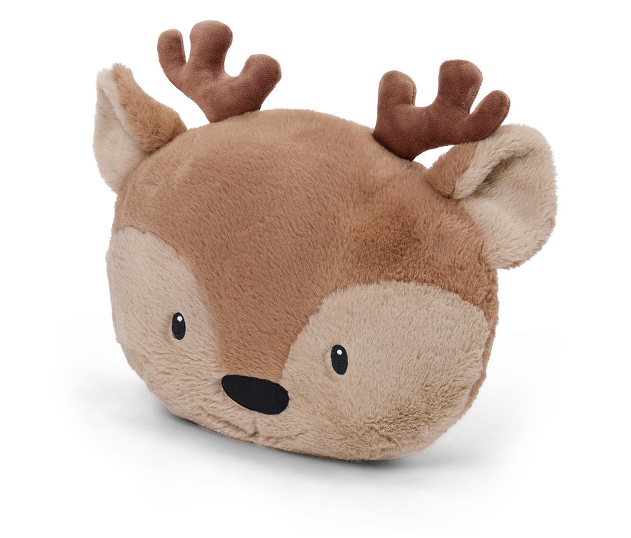 Peluche en forme de tête de cerf avec fourrure marron et bois.
