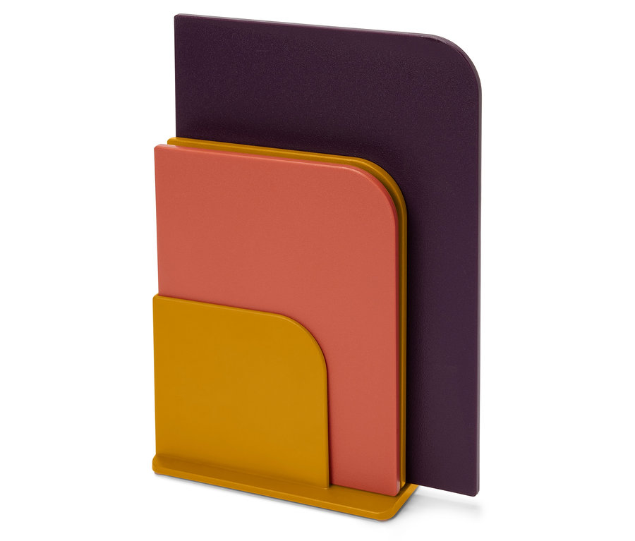 Organisateur de documents jaune, orange et violet.