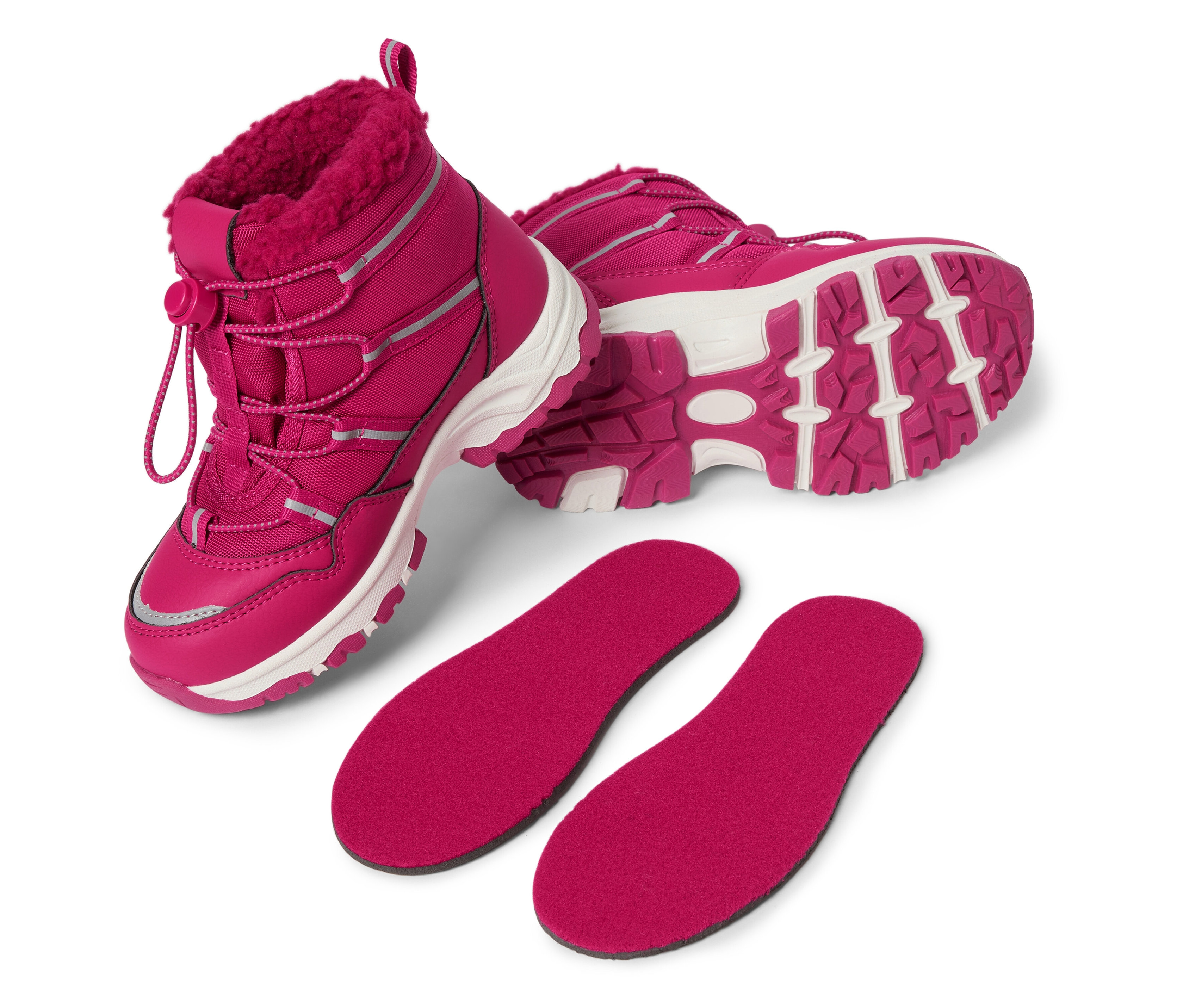 Une paire de bottes d'hiver roses avec des semelles blanches et des semelles intérieures.