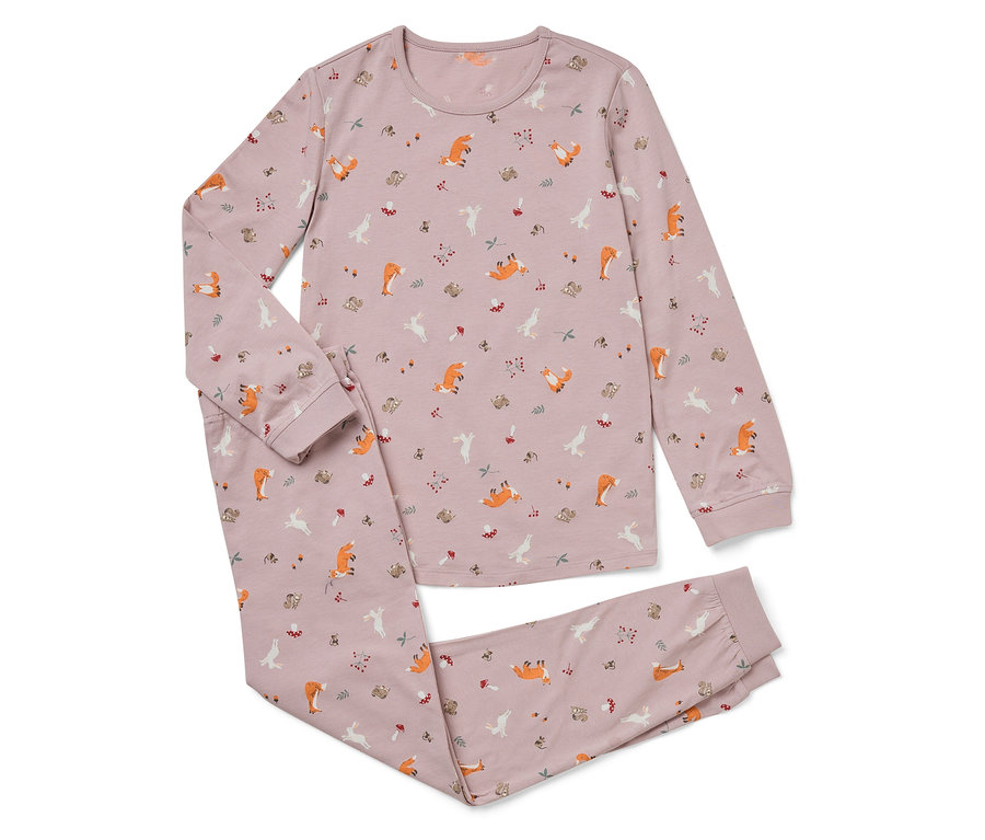 Pyjama rose avec imprimé renards, lapins, champignons et feuilles.