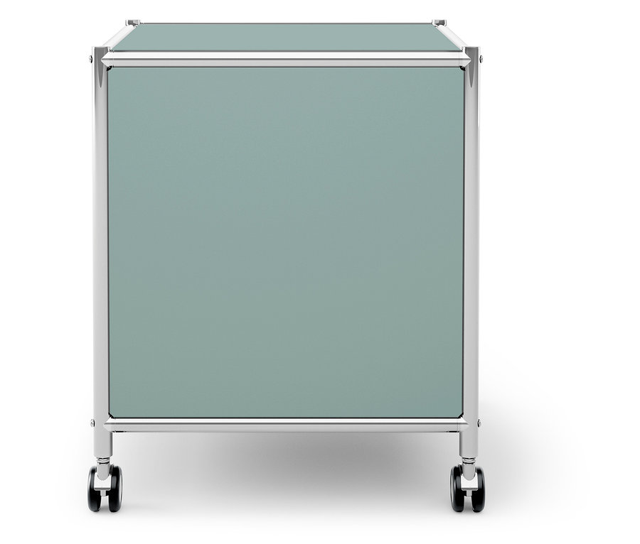 Boîte de rangement vert menthe fermée sur roulettes.