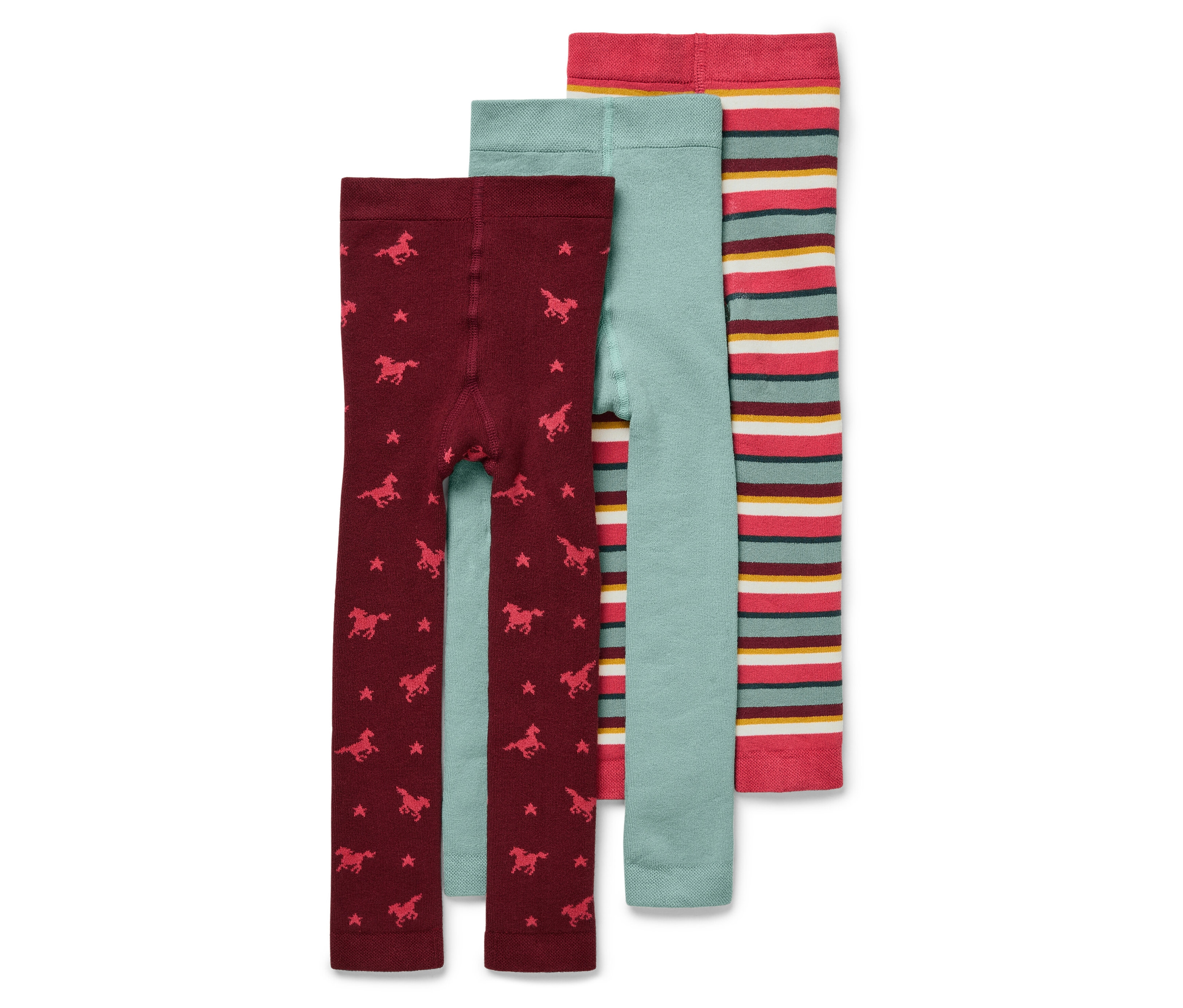 Trois leggings pour enfants : bordeaux avec des étoiles et des chevaux, bleu clair et rayé.