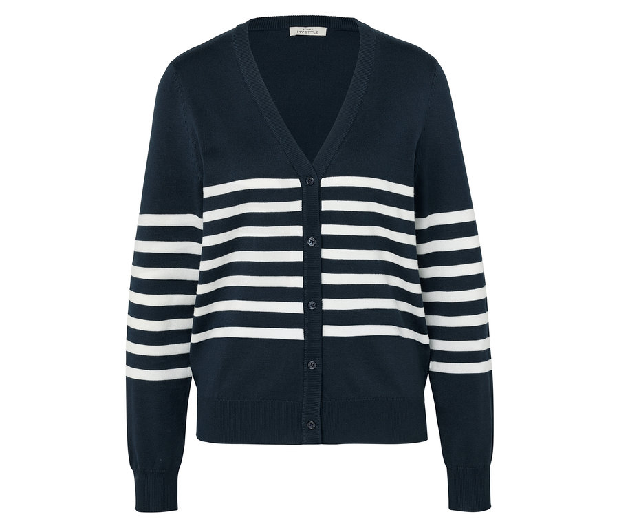 Cardigan tricoté bleu marine à rayures blanches.