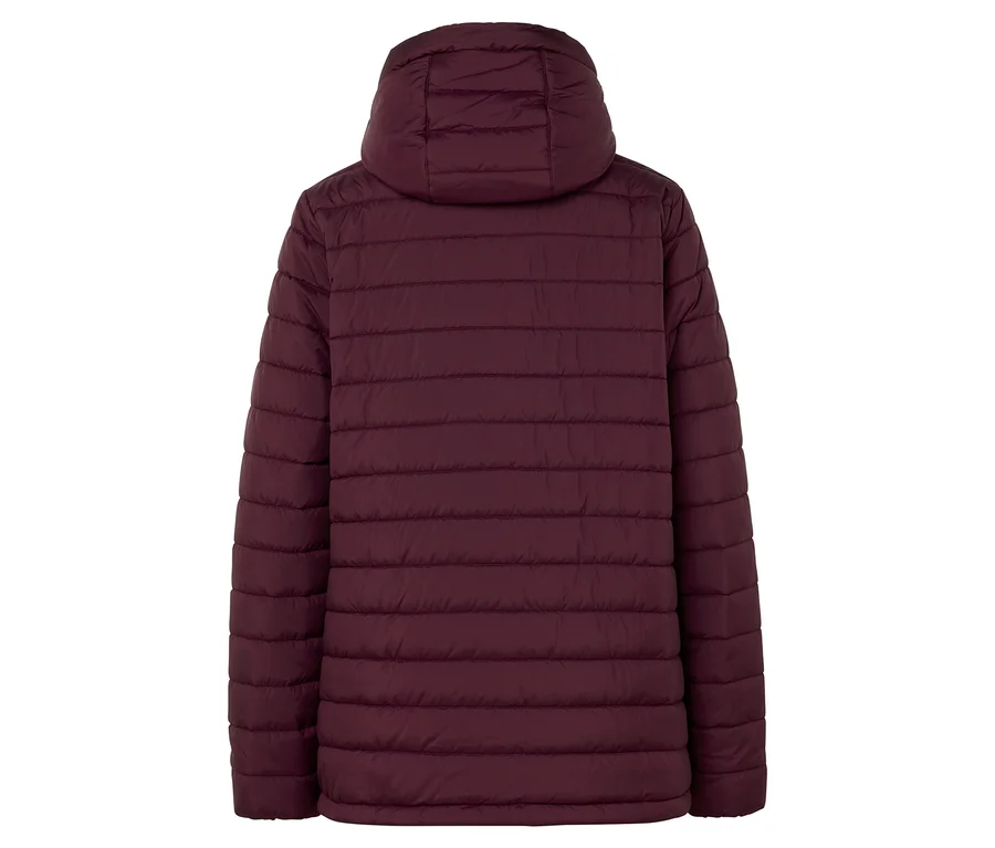 Vue arrière d'une veste matelassée bordeaux à capuche.