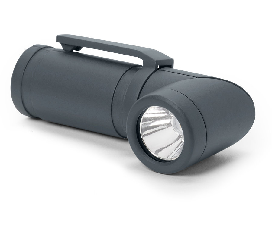 Gros plan d'une lampe multifonction LED 2-en-1 grise sur un fond blanc.