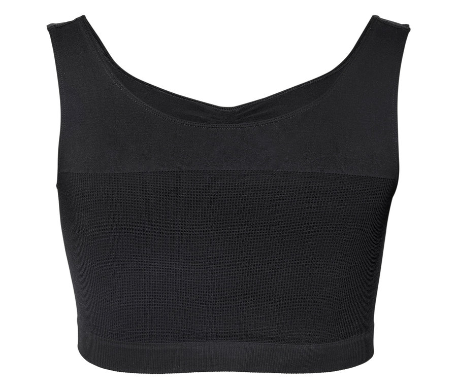 Haut de sport noir sans manches, vue de face.