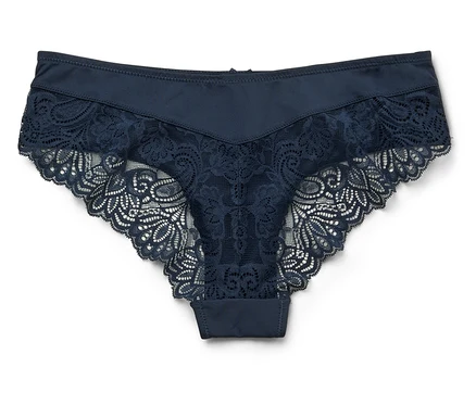 Culotte bleu marine pour femme avec finitions en dentelle sur fond blanc.