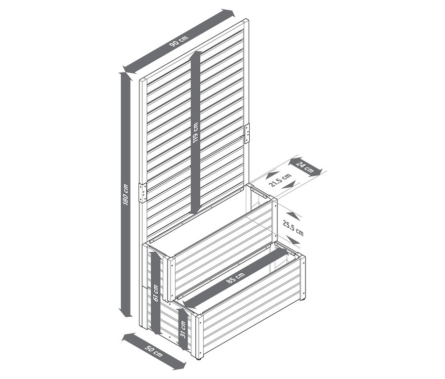 Vue de dessus d'un escalier végétal et pare-vue 2 en 1 avec les dimensions.