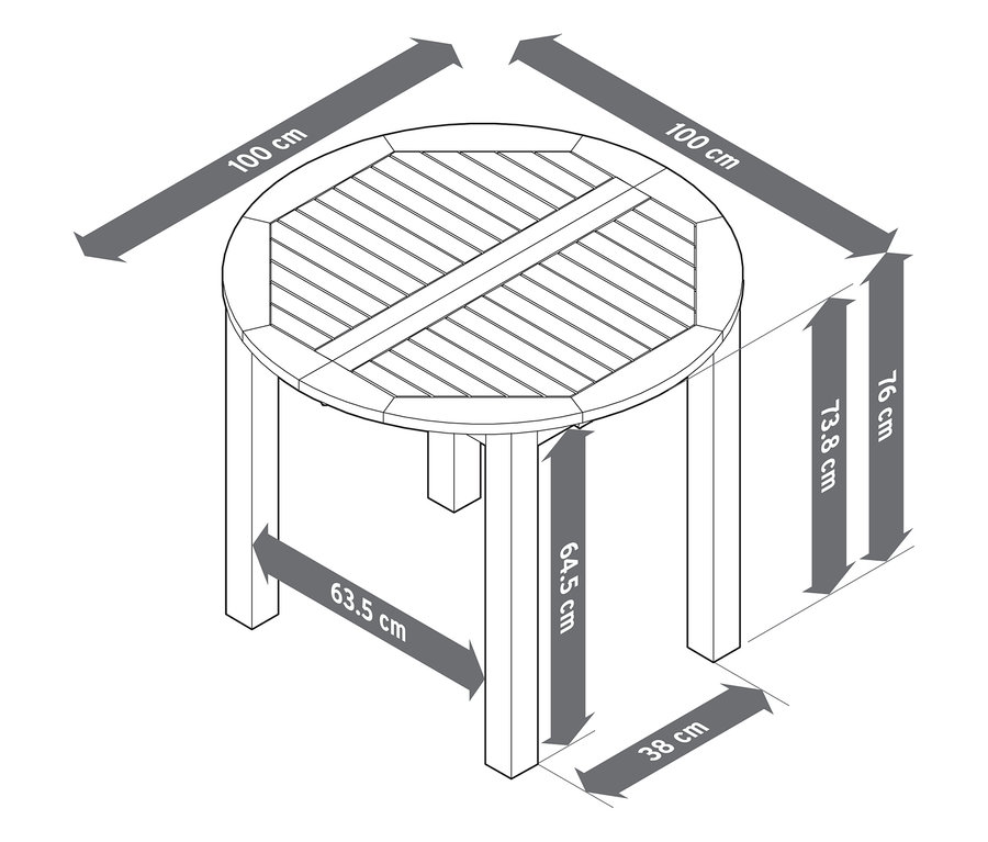 Schéma d'une table de jardin ronde ou ovale à rallonges, d'environ 100 à 150 cm, avec les dimensions.
