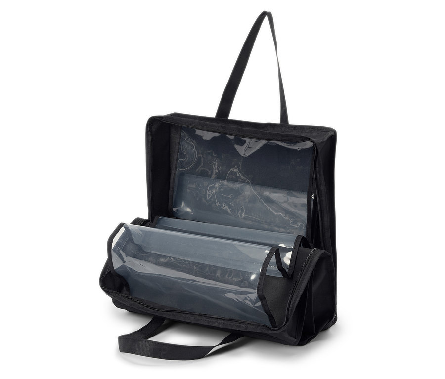 Un sac fourre-tout noir ouvert avec des compartiments transparents et des poignées.