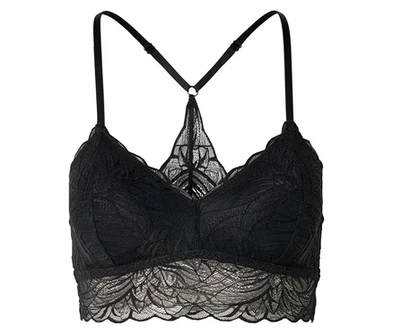 Soutien-gorge en dentelle noire avec de fines bretelles et une coupe dos nageur sur fond blanc.