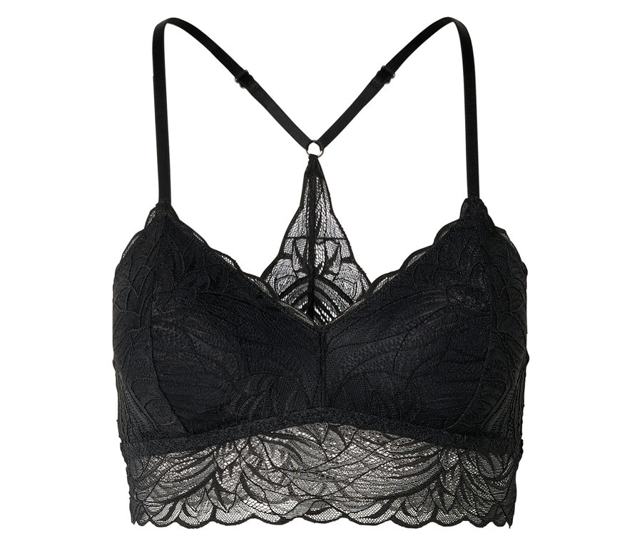 Soutien-gorge en dentelle noire avec de fines bretelles et une coupe dos nageur sur fond blanc.
