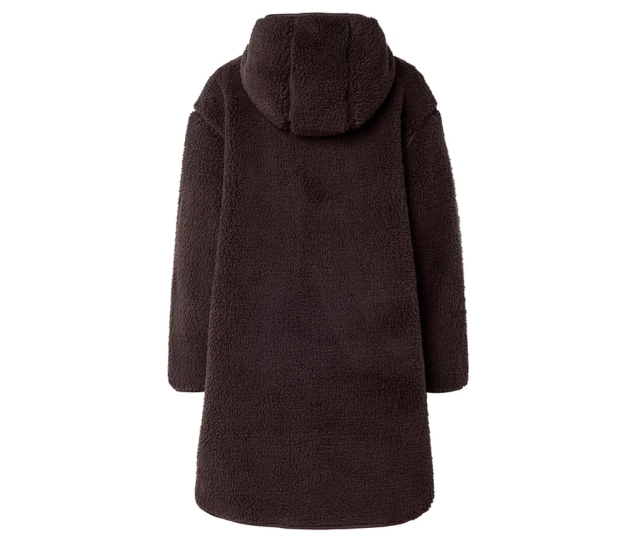Vue arrière d'un long manteau en polaire teddy marron avec capuche.