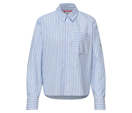 Chemisier Street One, rayé bleu clair et blanc, avec col, boutonnage et poche poitrine.