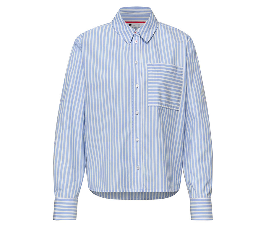 Le chemisier Street One est rayé bleu et blanc et possède une poche poitrine.