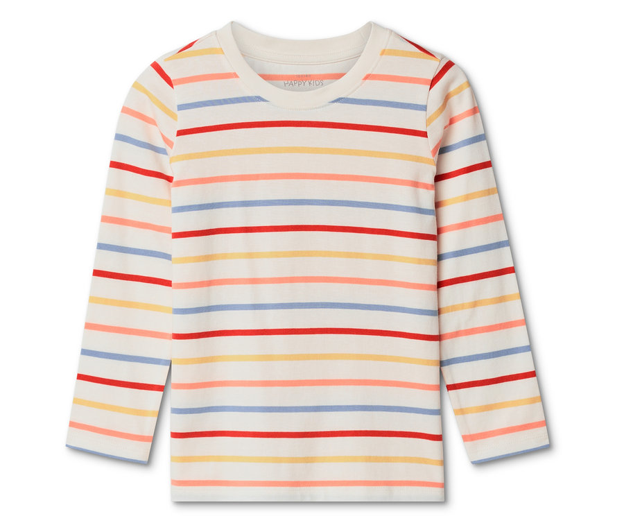 Une chemise à manches longues couleur crème avec des rayures horizontales rouges, jaunes, bleues et orange.