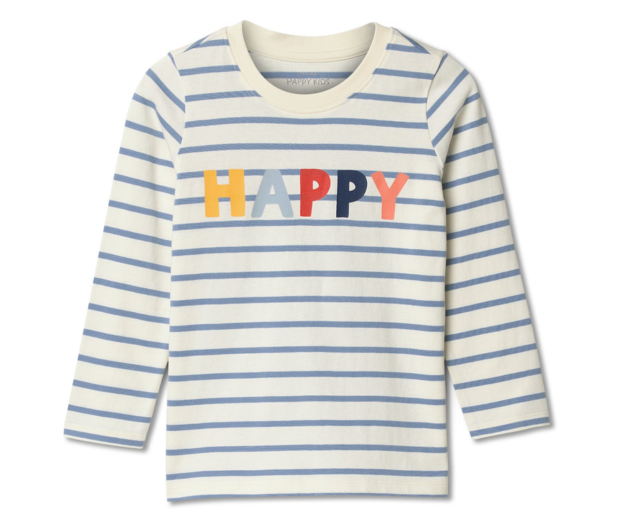 T-shirt rayé à manches longues avec le mot « HAPPY » en lettres colorées.