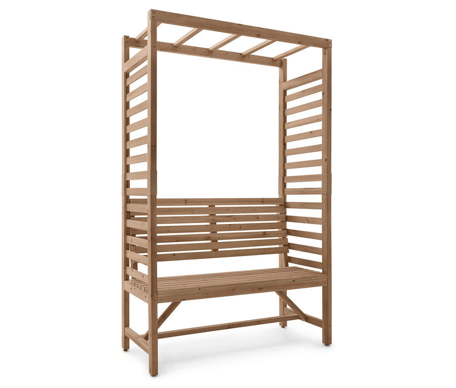 Une arche de jardin en bois avec banc intégré sur fond blanc.