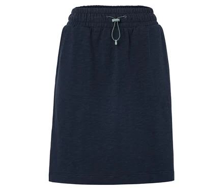 Jupe bleu foncé avec taille élastique et cordon de serrage.