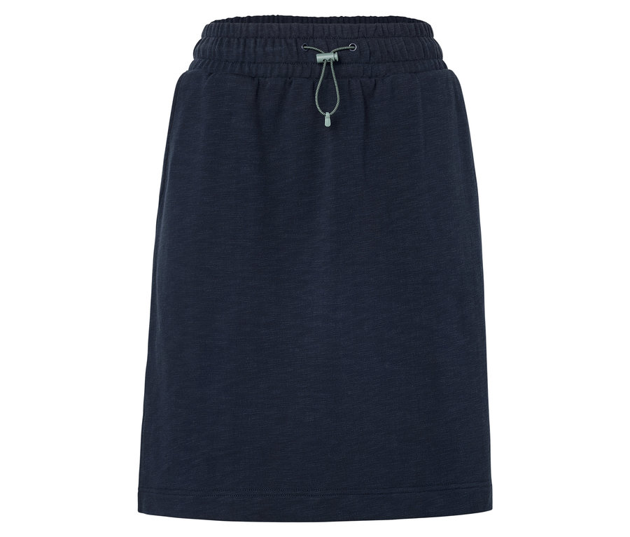 Jupe bleu foncé avec taille élastique et cordon de serrage.