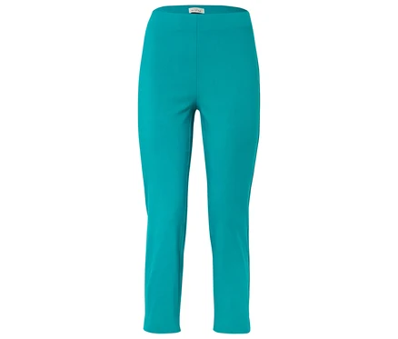 Un pantalon turquoise sur un fond blanc.