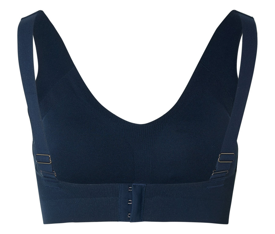 Vue arrière d'un soutien-gorge de sport bleu marine avec bretelles réglables et fermeture à agrafes.