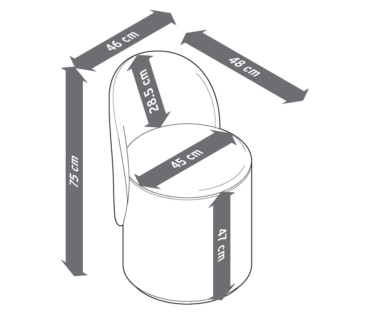 Image d'un tabouret pivotant avec dossier et indications de dimensions.