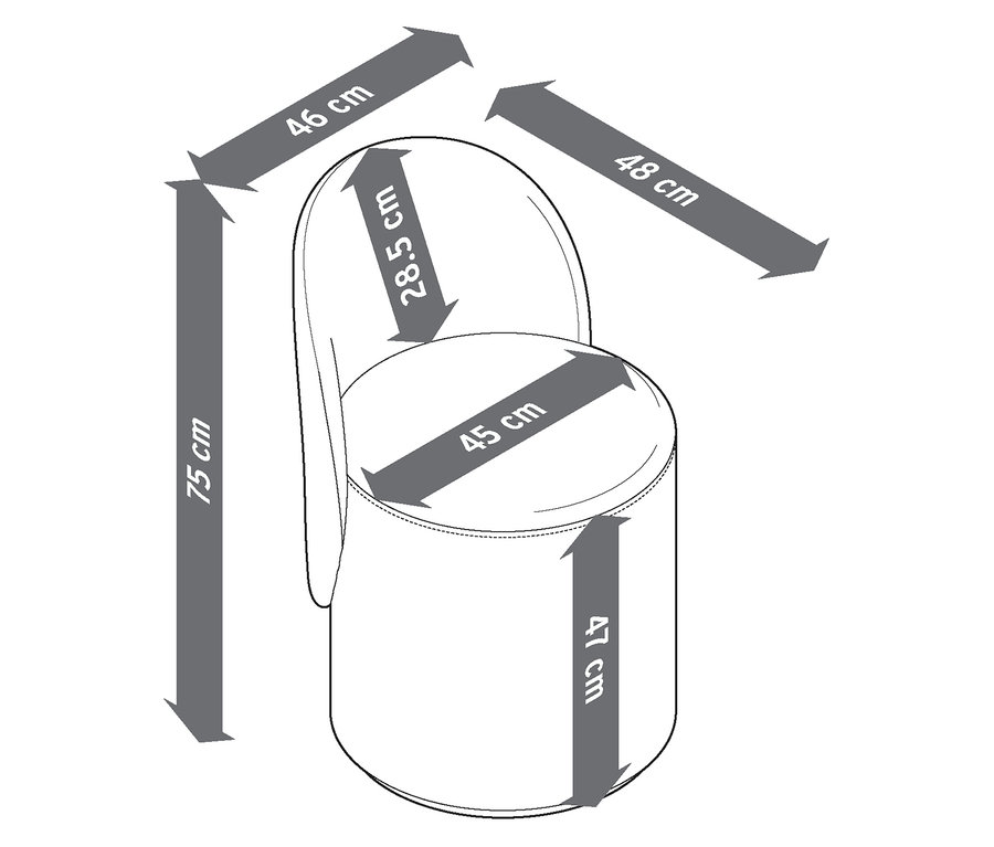 Image d'un tabouret pivotant avec dossier et indications de dimensions.