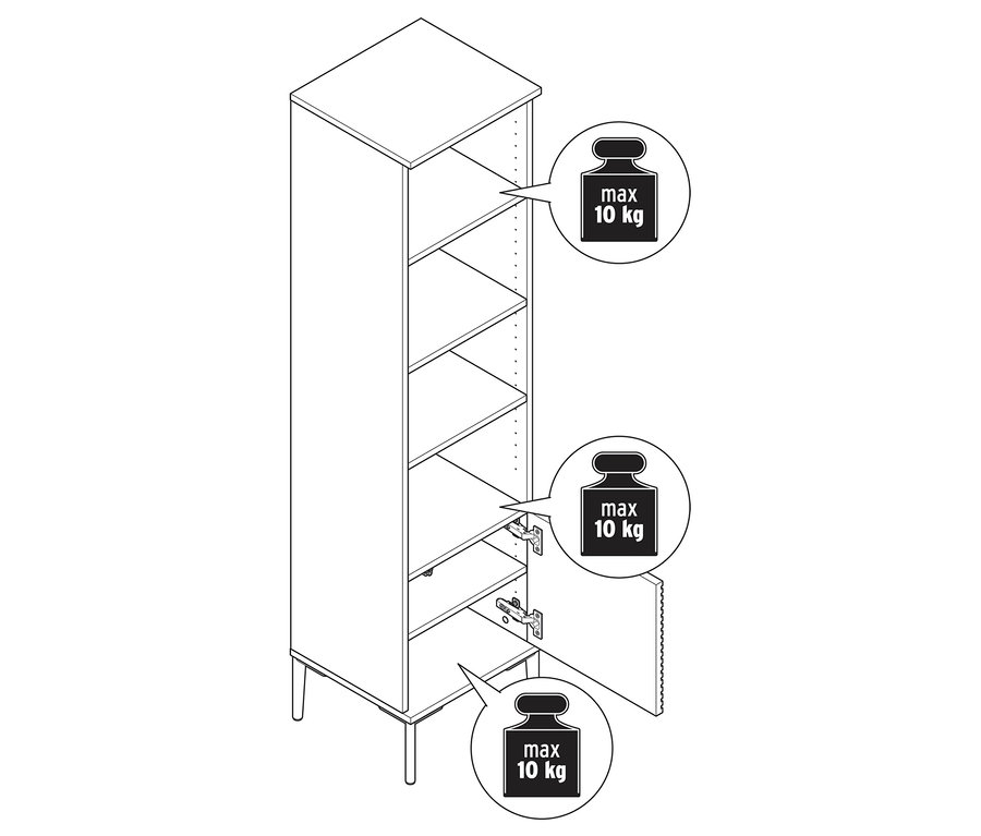 Illustration d'une étagère « REET » avec aspect à lamelles, partiellement ouverte, avec des indications de poids maximal.