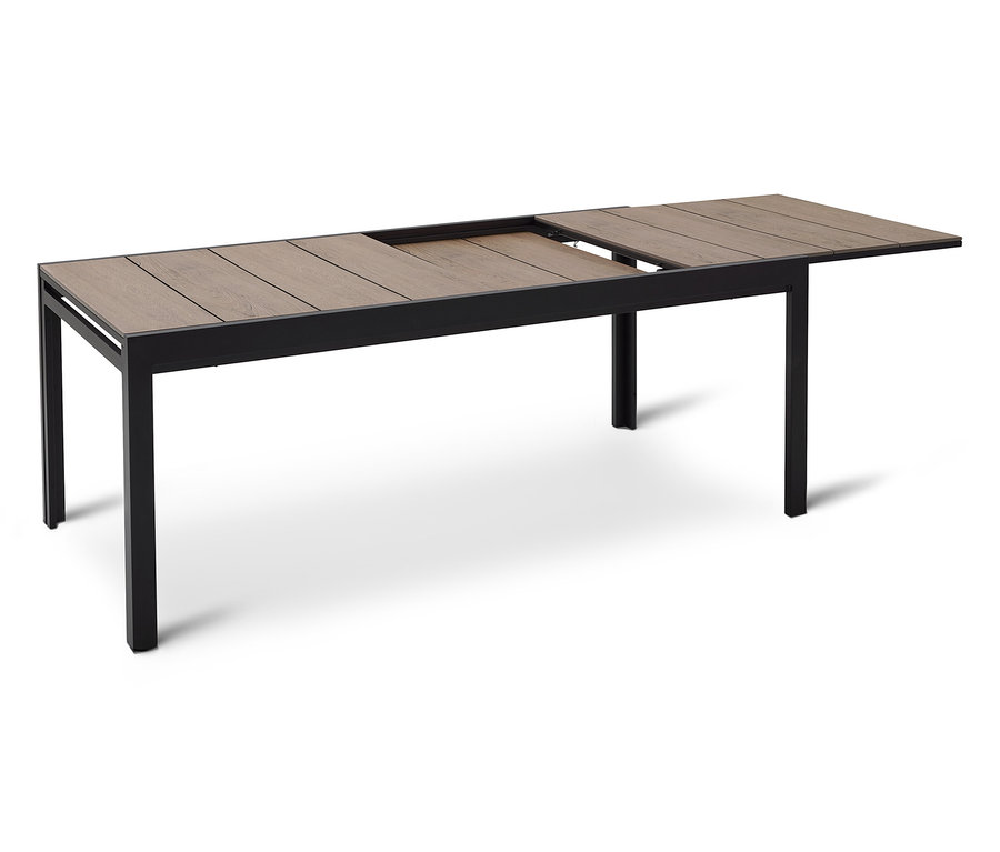 Table de jardin extensible avec cadre noir et plateau en bois marron.
