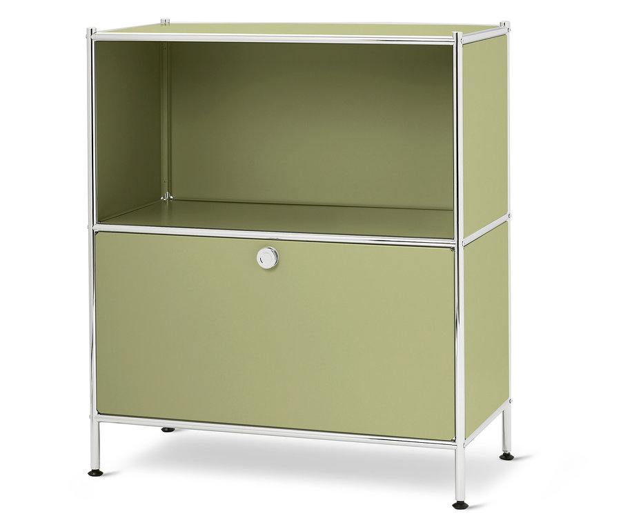 Armoire verte avec étagère ouverte et tiroir.