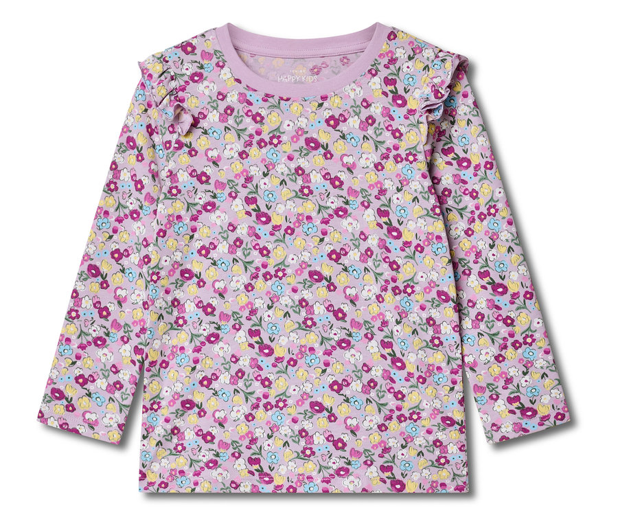 Haut à manches longues lilas clair pour enfant, à motif floral et à volants sur les épaules.