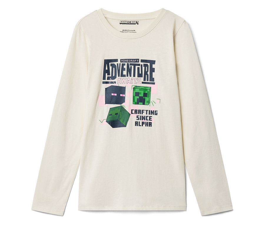Un t-shirt à manches longues Minecraft de couleur crème avec l'inscription "Adventure Awaits" et des personnages de Minecraft.