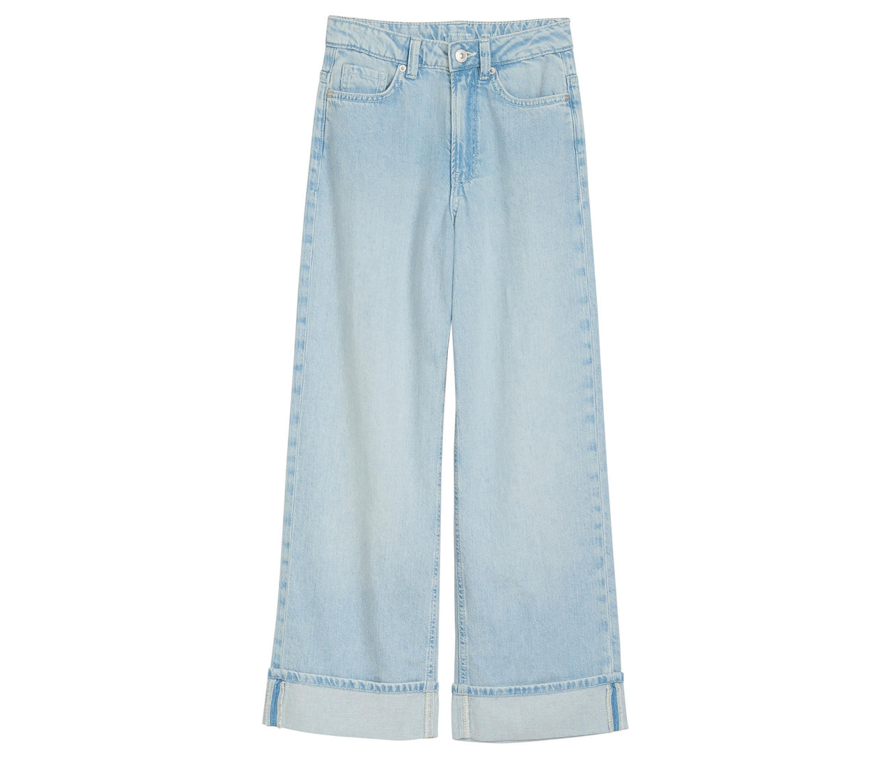 Le jeans pour enfant Tom Tailor, coupe large, avec jambe évasée est bleu clair et posé sur un fond blanc.