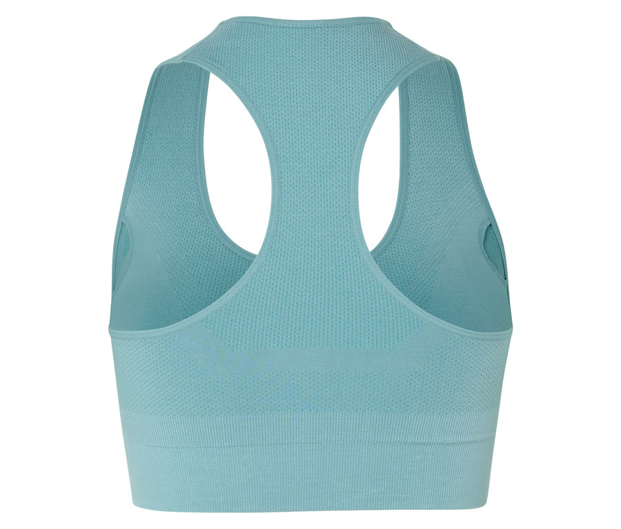 Vue arrière d'un soutien-gorge de sport turquoise clair avec dos nageur.