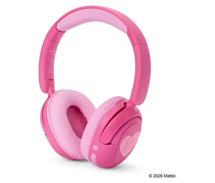 Casque rose Barbie sur fond blanc.