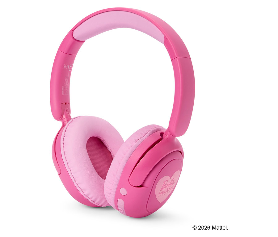 Casque rose Barbie sur fond blanc.