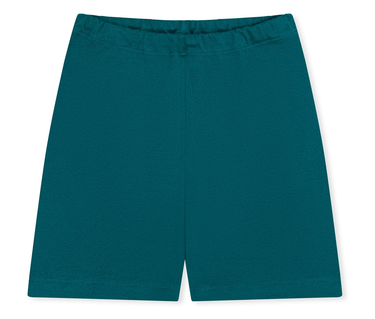 Gros plan d'un short turquoise avec une taille élastique posé sur un fond blanc.